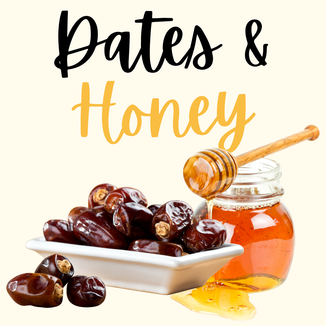 Premium dates and pure natural honey jars arranged together